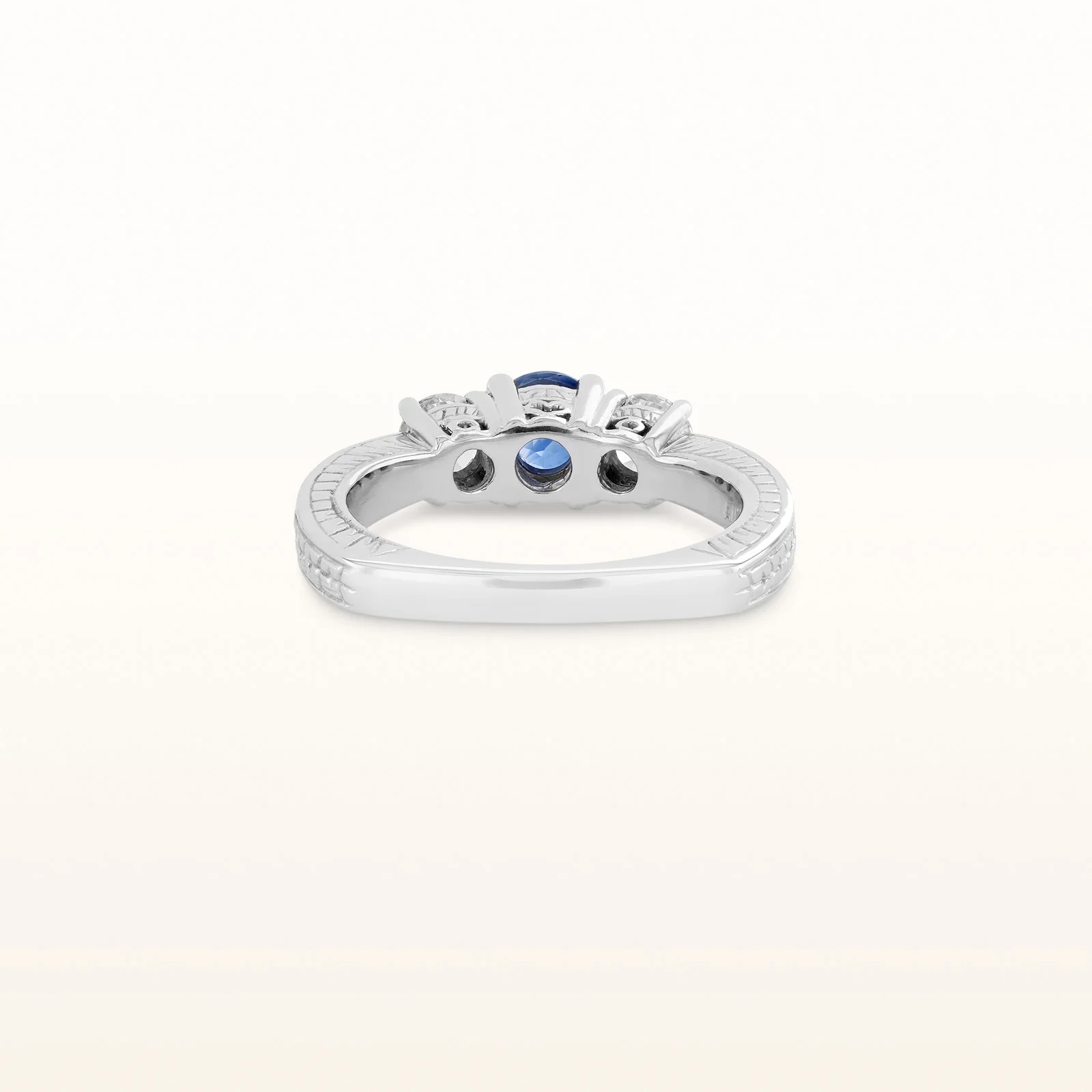 3-Stone Blue Sapphire and Diamond Engraved Ring in 14kt White Gold - Image 3