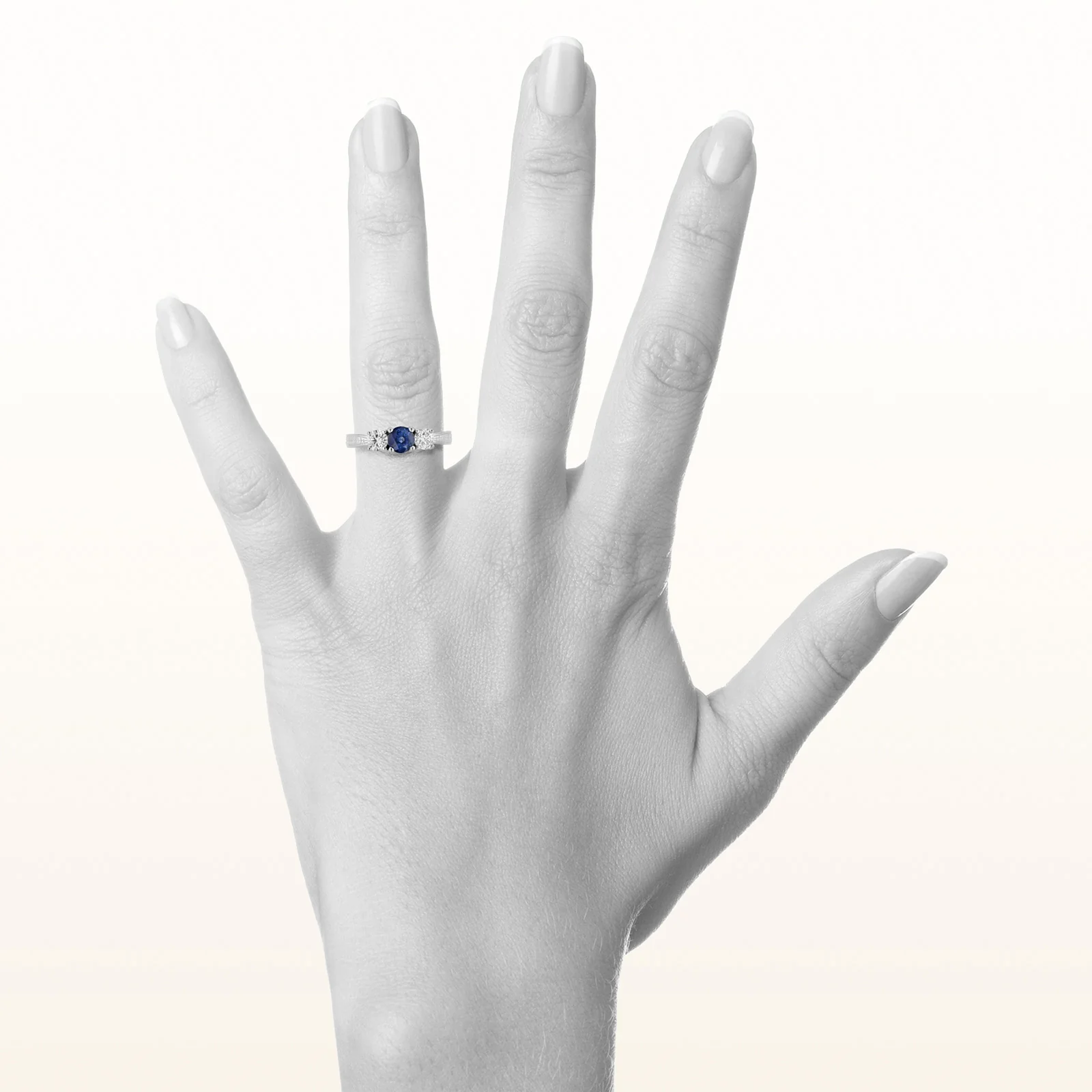3-Stone Blue Sapphire and Diamond Engraved Ring in 14kt White Gold - Image 4