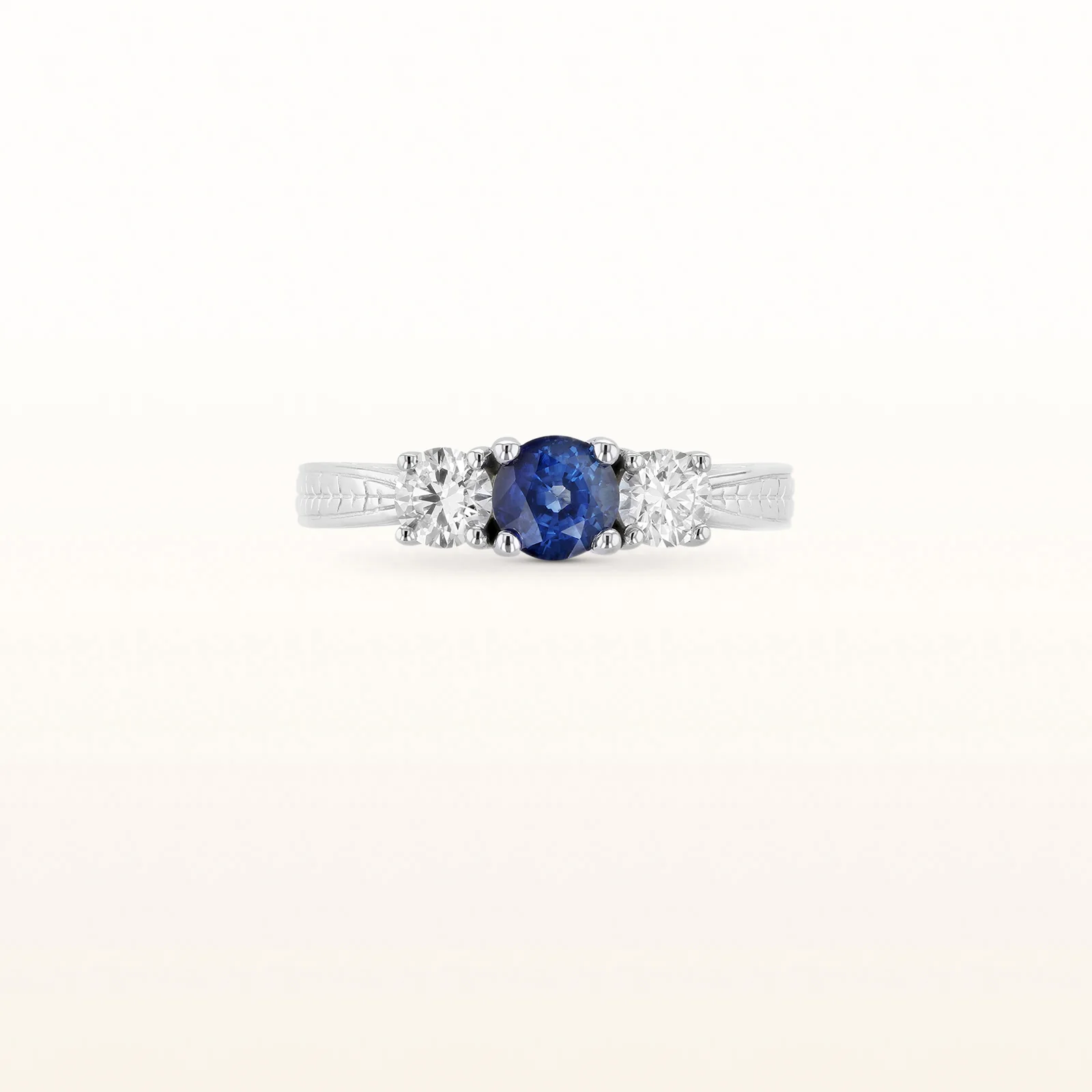 3-Stone Blue Sapphire and Diamond Engraved Ring in 14kt White Gold - Image 9