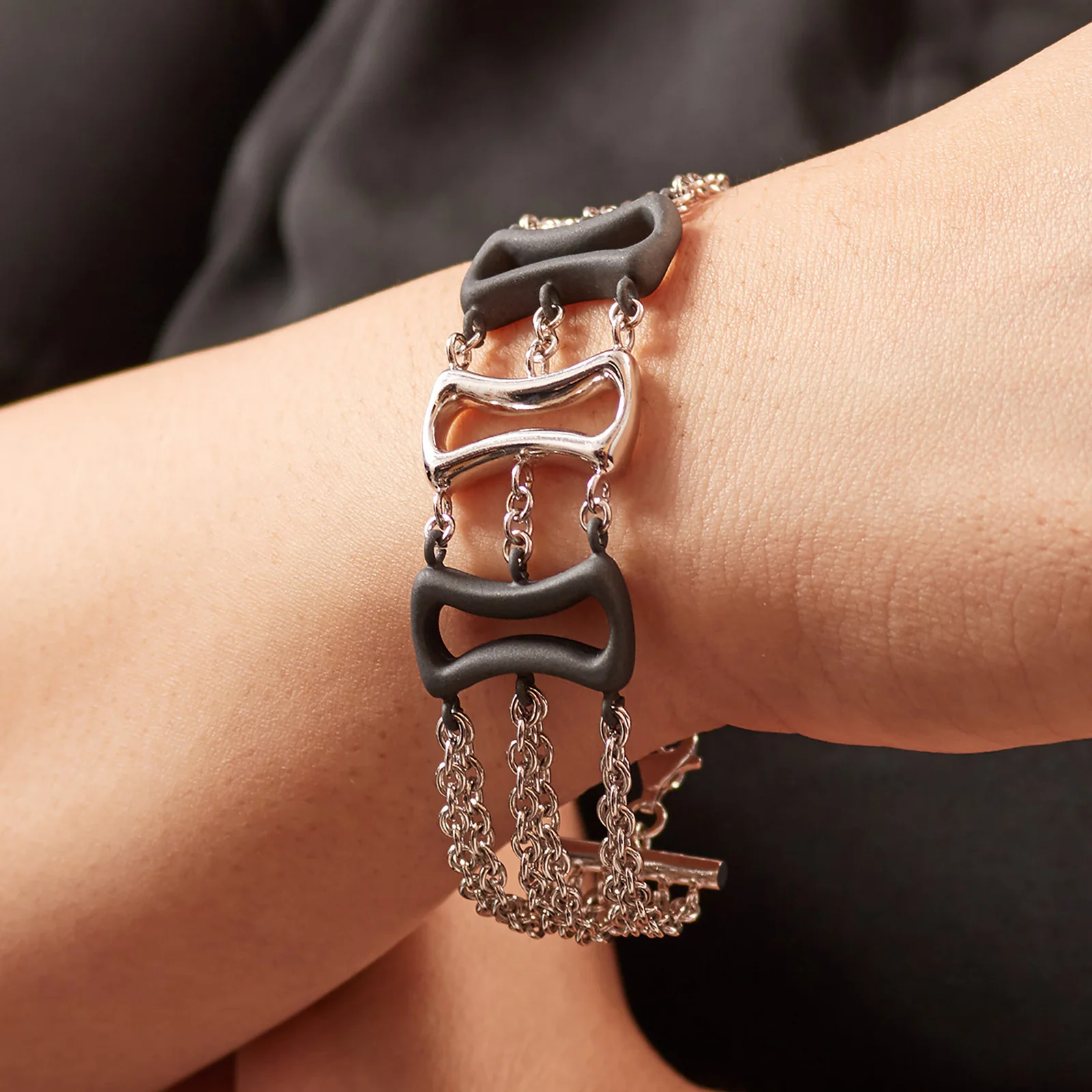 925 Sterling Silver and Rubber 3-Row Cable Chain and Link Bracelet - Image 5