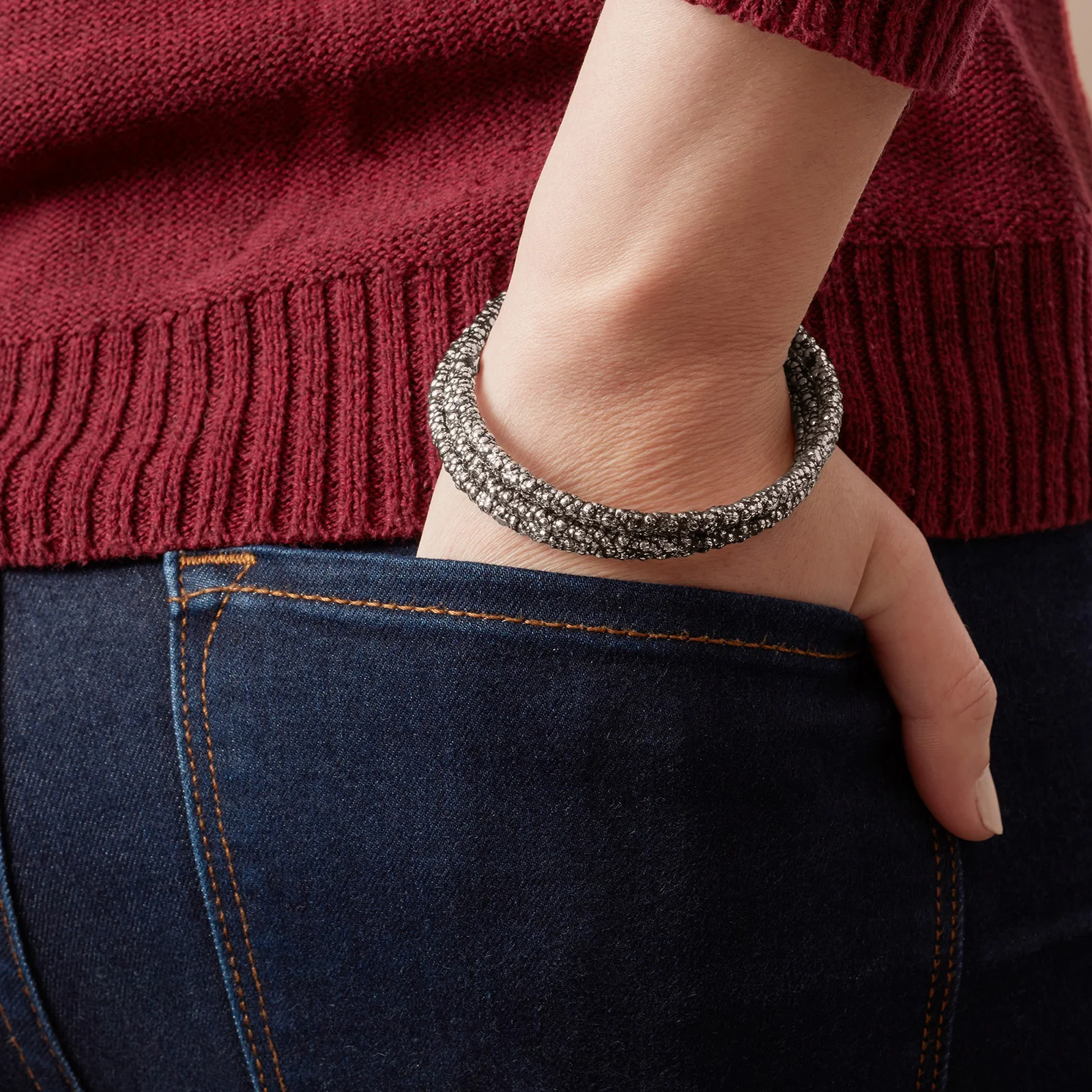 925 Sterling Silver Popcorn Textured Bangle Bracelet - Image 5