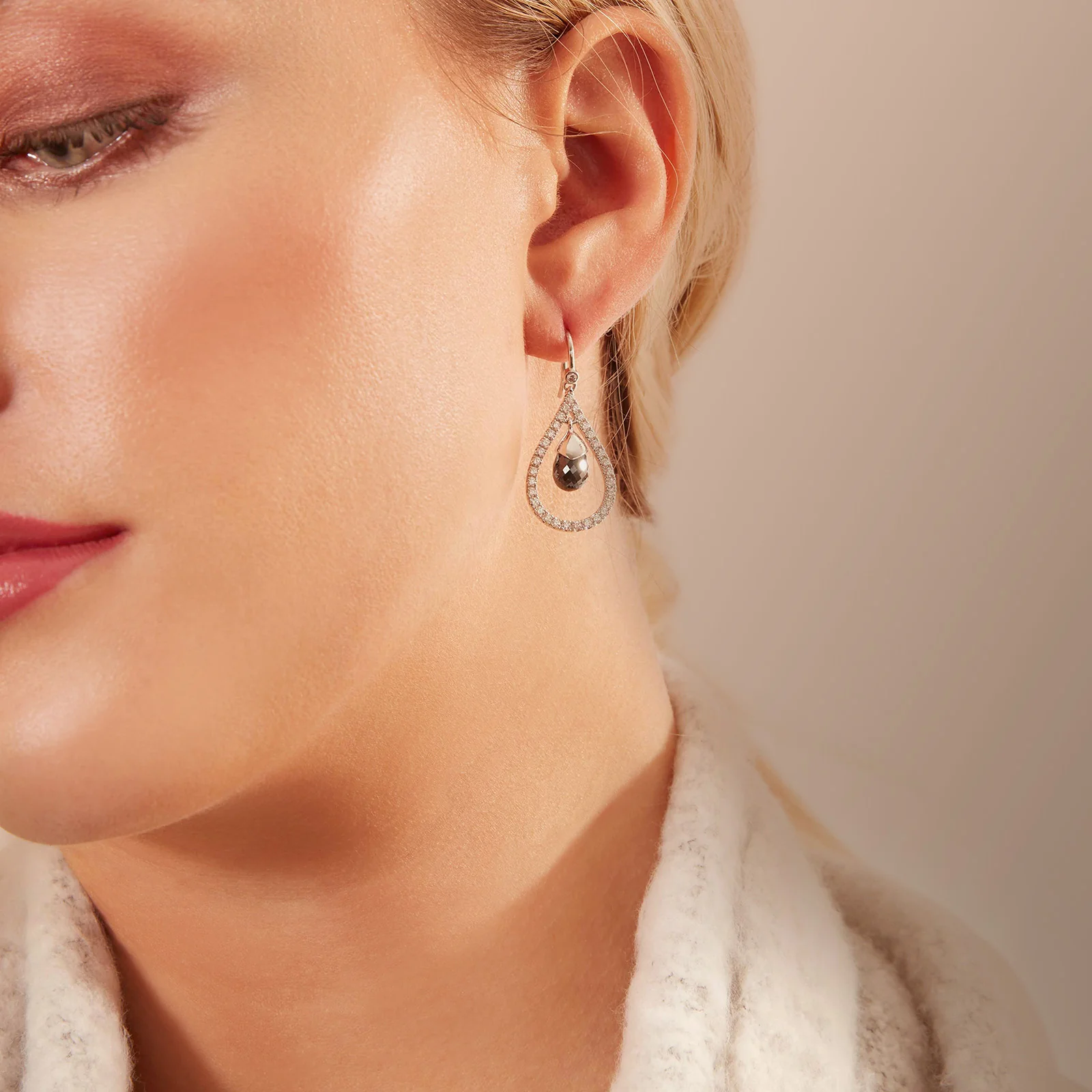 Black Briolette and White Round Diamond Drop Earrings in 14kt White Gold - Image 4