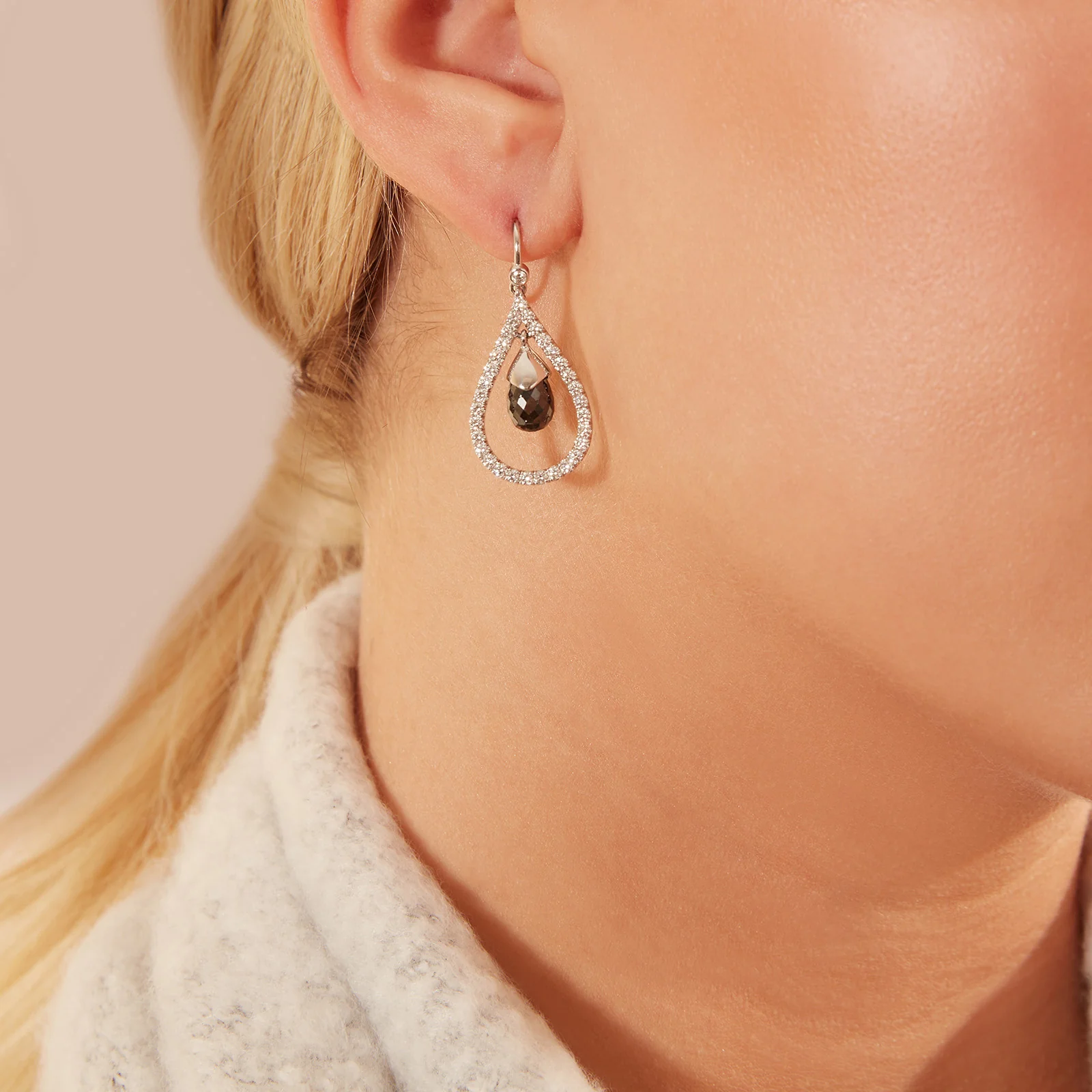 Black Briolette and White Round Diamond Drop Earrings in 14kt White Gold - Image 5