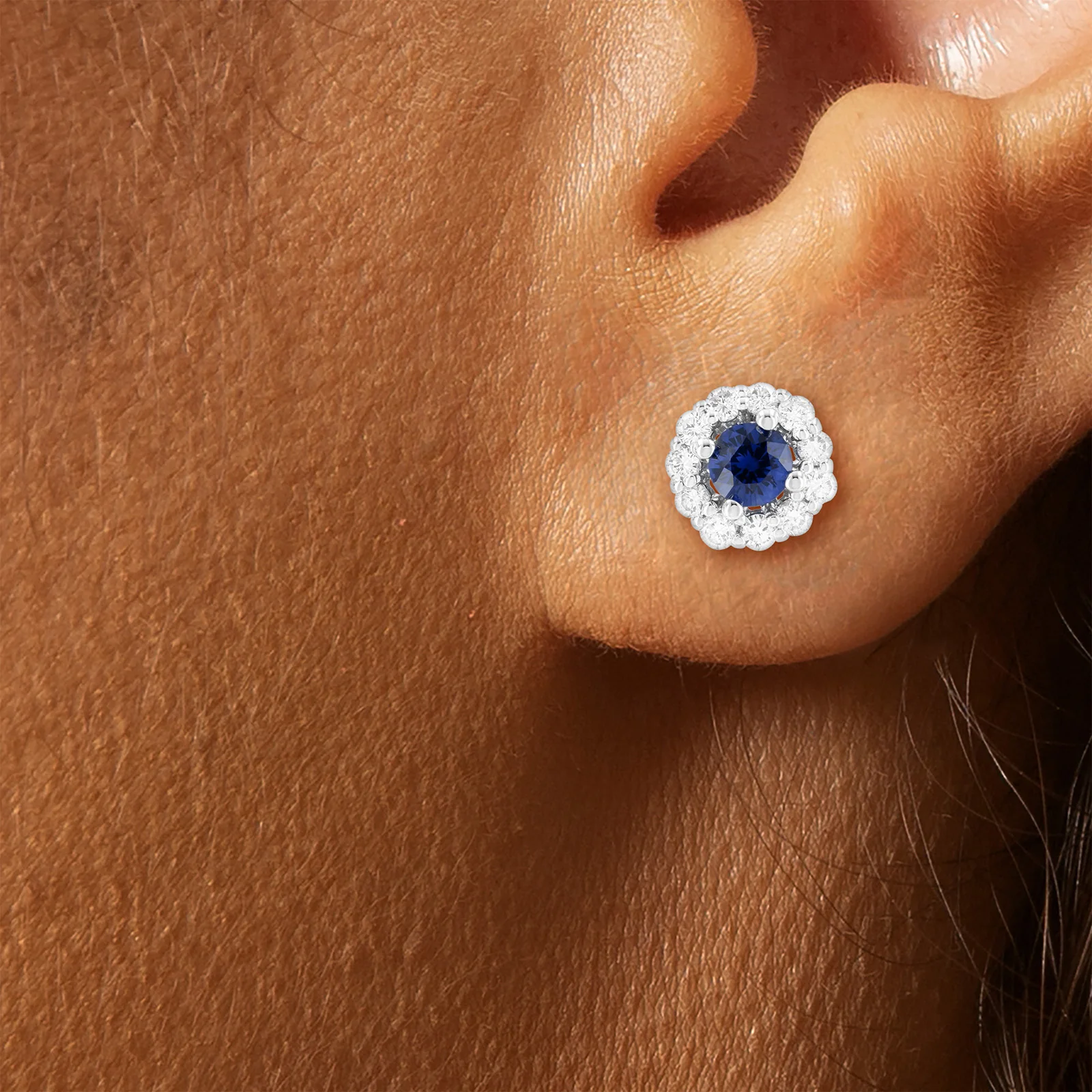 Blue Sapphire and Diamond Halo Earrings in 14kt White Gold - Image 3