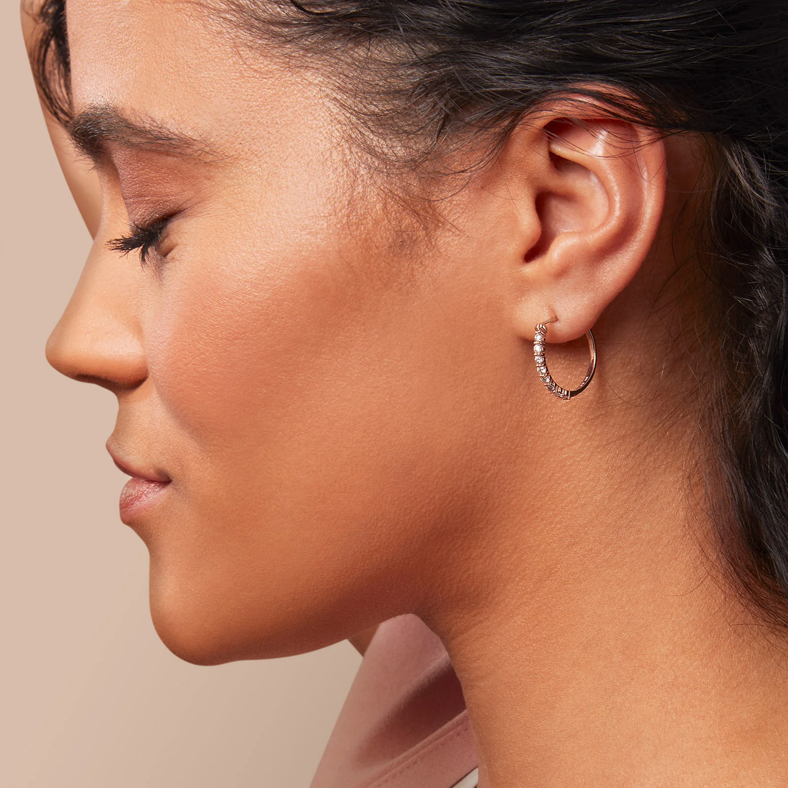Diamond Shared Prong Hoop Earrings in 14kt Rose Gold - Image 3