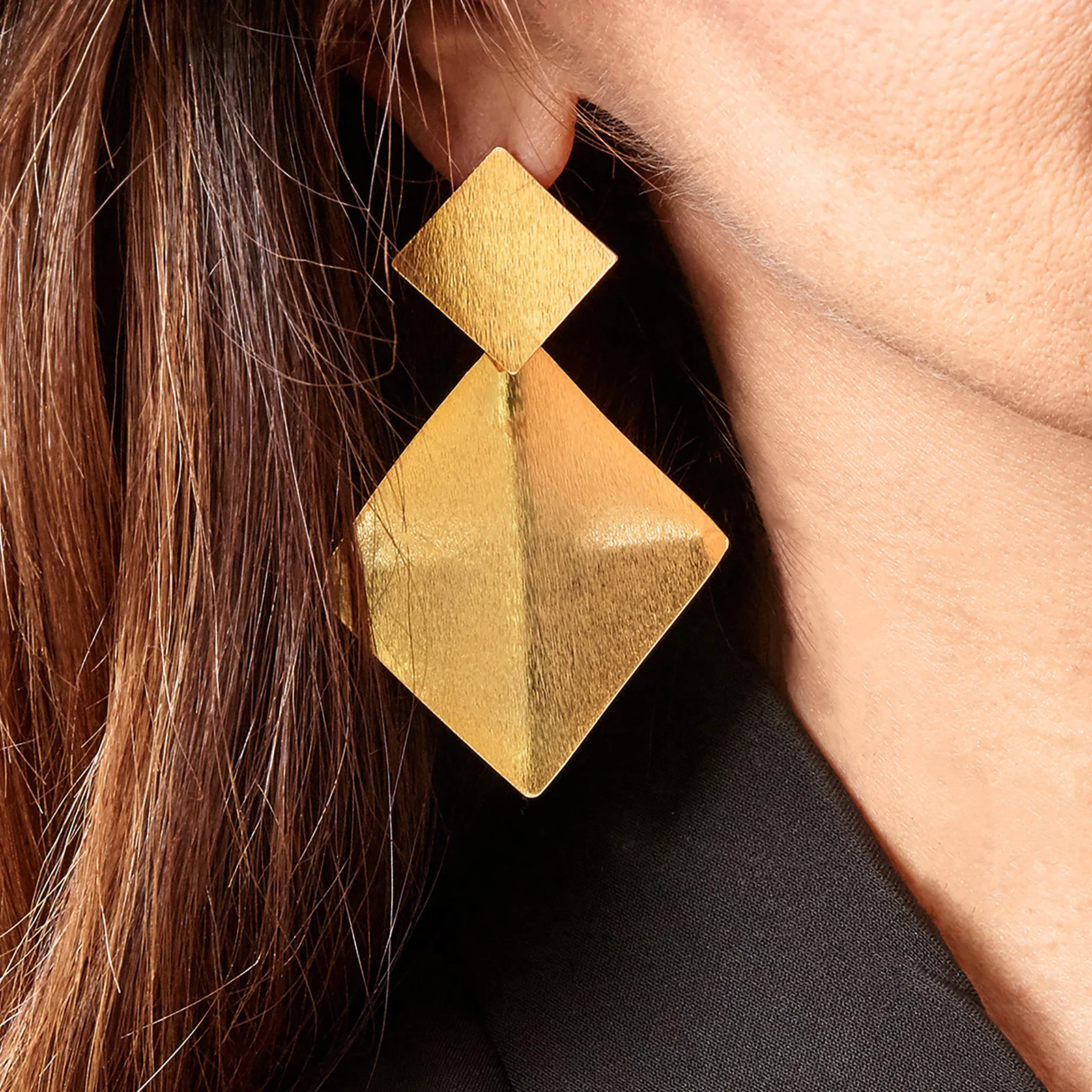 Yellow Gold Plated 925 Sterling Silver Convex Square Drop Earrings - Image 5