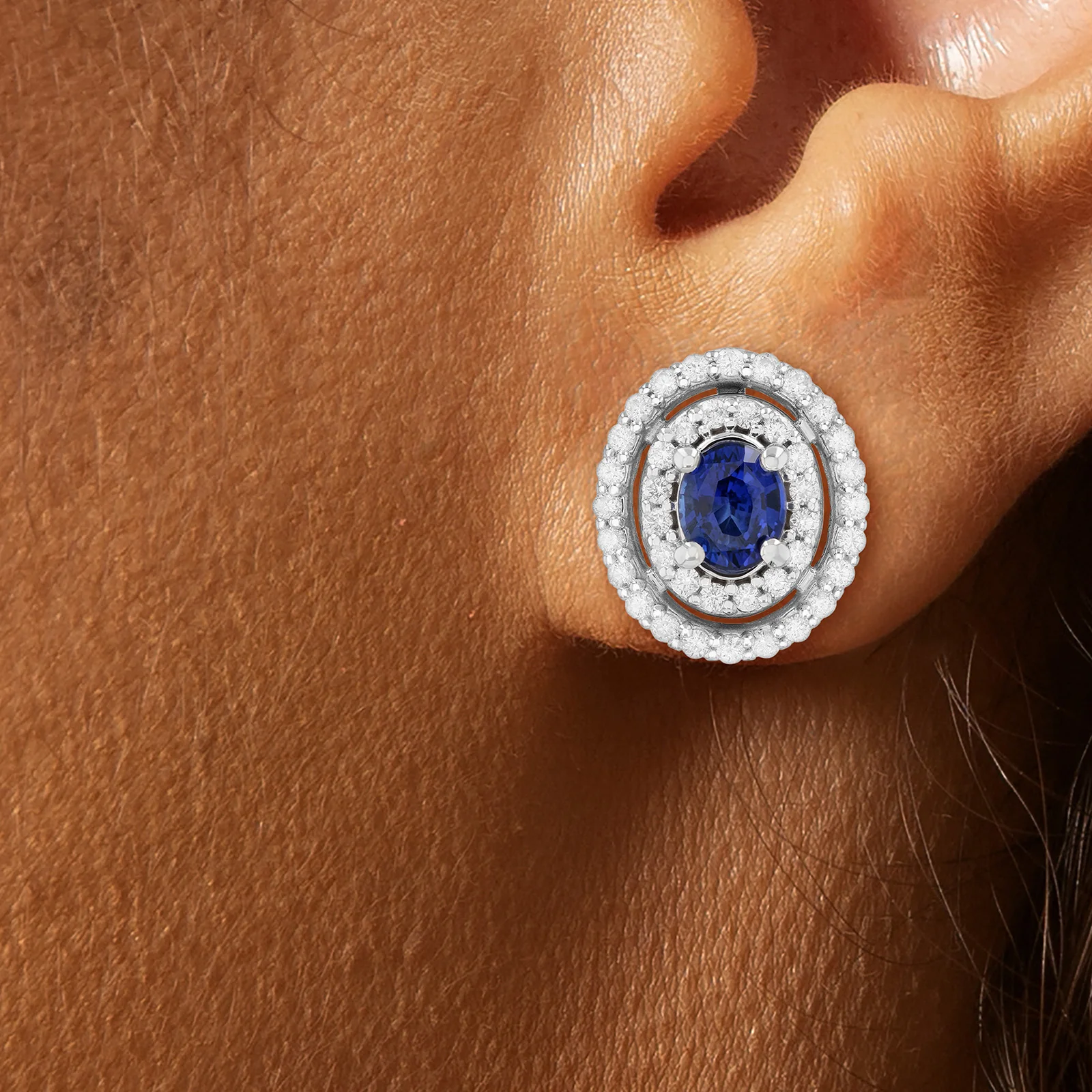 Oval Blue Sapphire and Diamond Double Halo Earrings in 14kt White Gold - Image 3