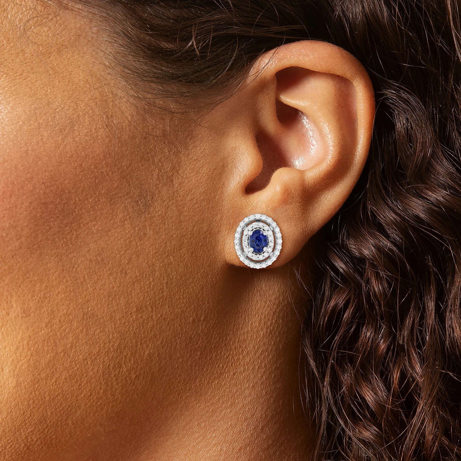 Oval Blue Sapphire and Diamond Double Halo Earrings in 14kt White Gold - Image 4