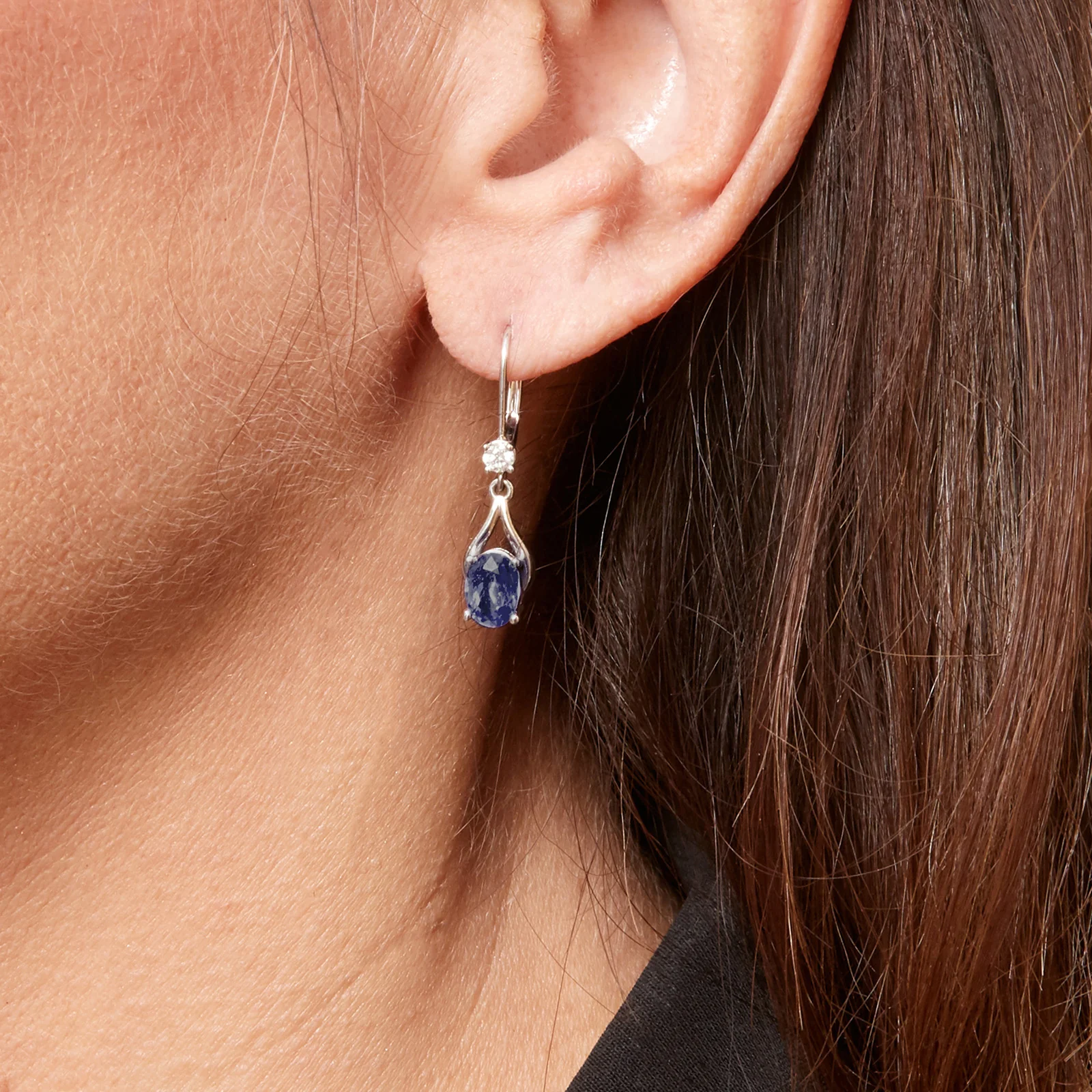 Oval Blue Sapphire Wishbone Dangle Earrings with Diamonds in 14kt White Gold - Image 4