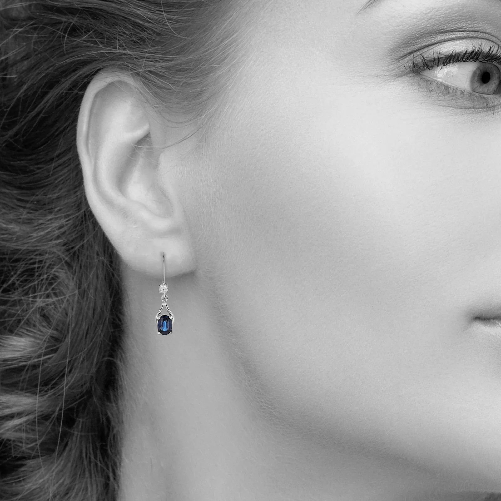 Oval Blue Sapphire Wishbone Dangle Earrings with Diamonds in 14kt White Gold - Image 5