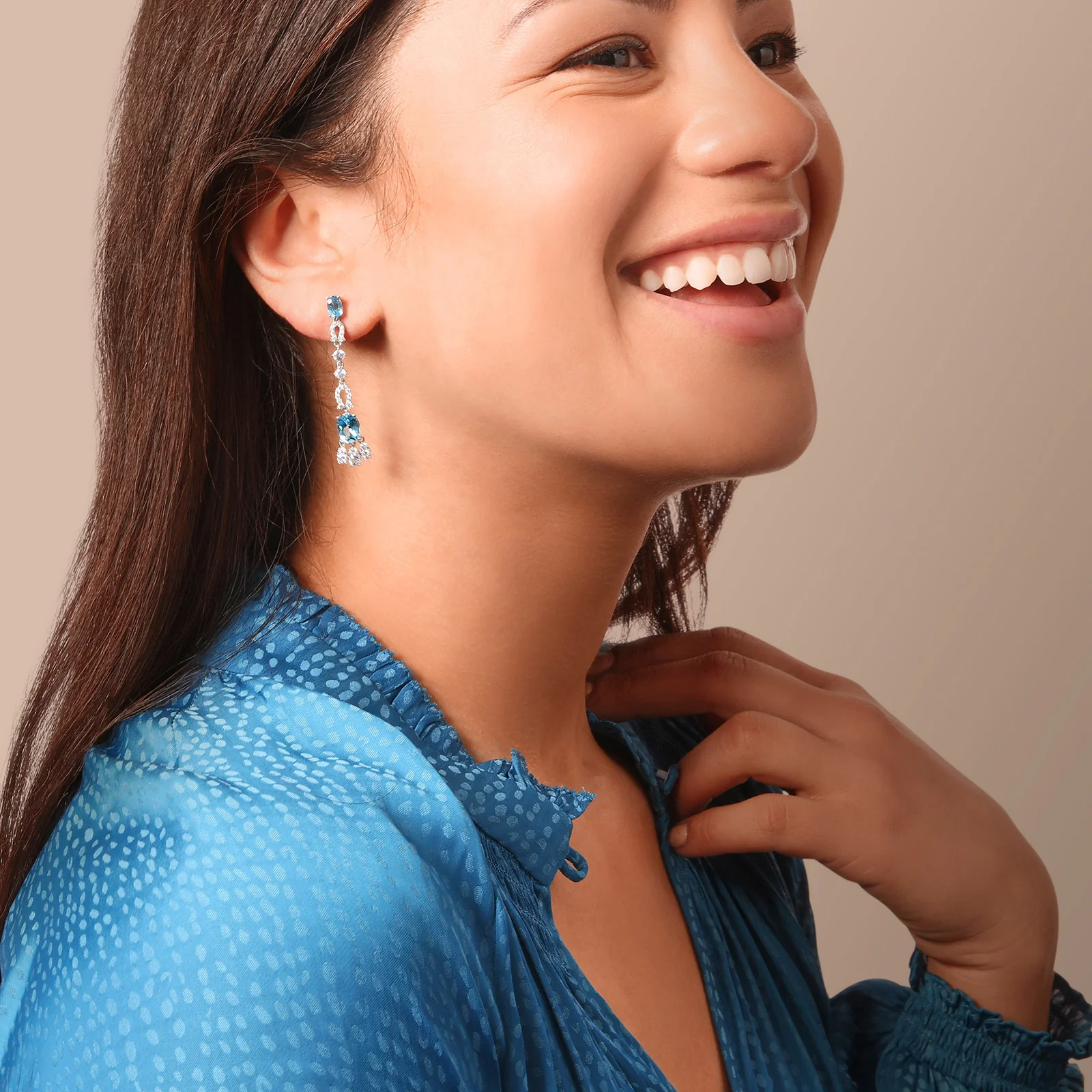 Oval Blue Topaz, White Sapphire, and Diamond Dangle Earrings in 14kt White Gold - Image 3