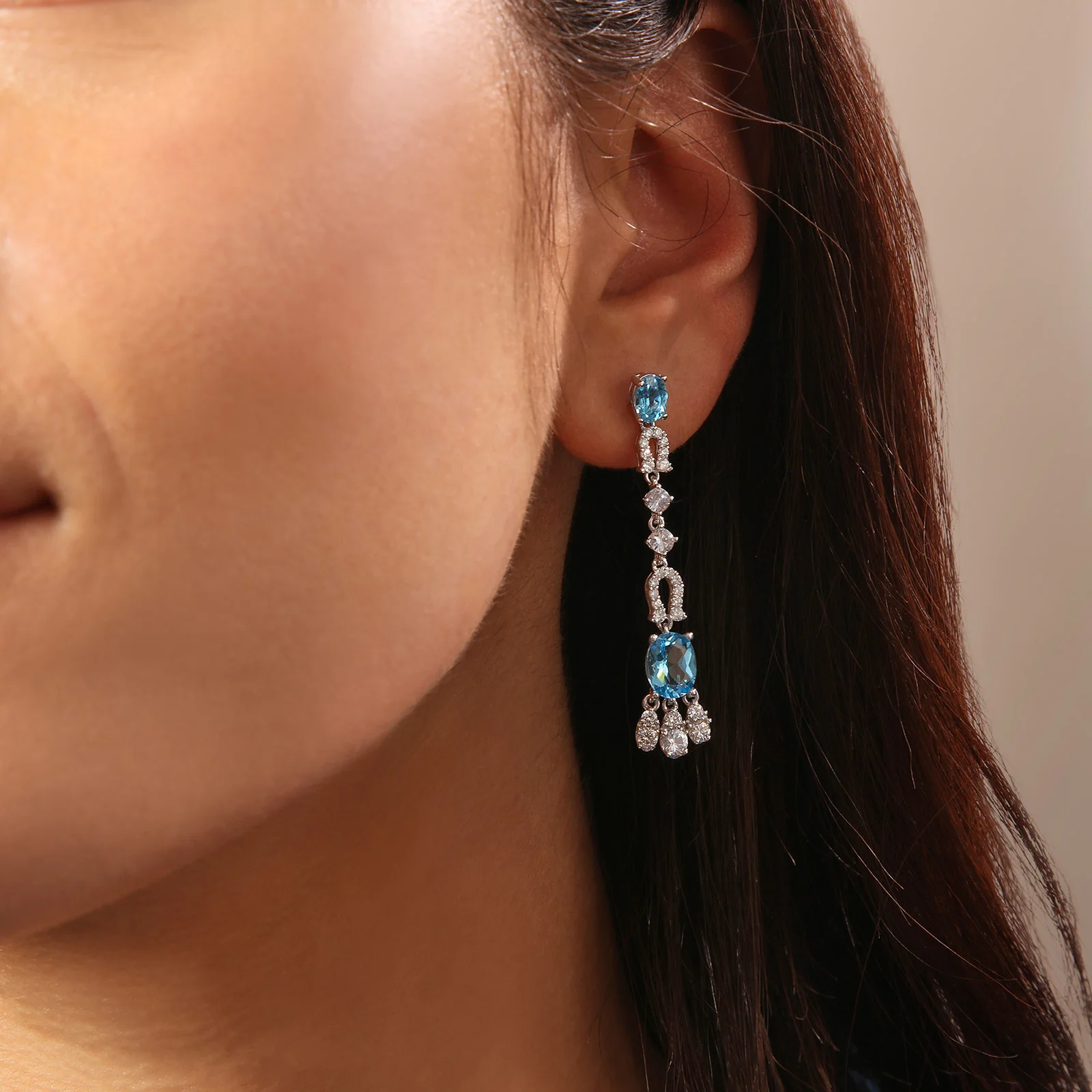 Oval Blue Topaz, White Sapphire, and Diamond Dangle Earrings in 14kt White Gold - Image 4