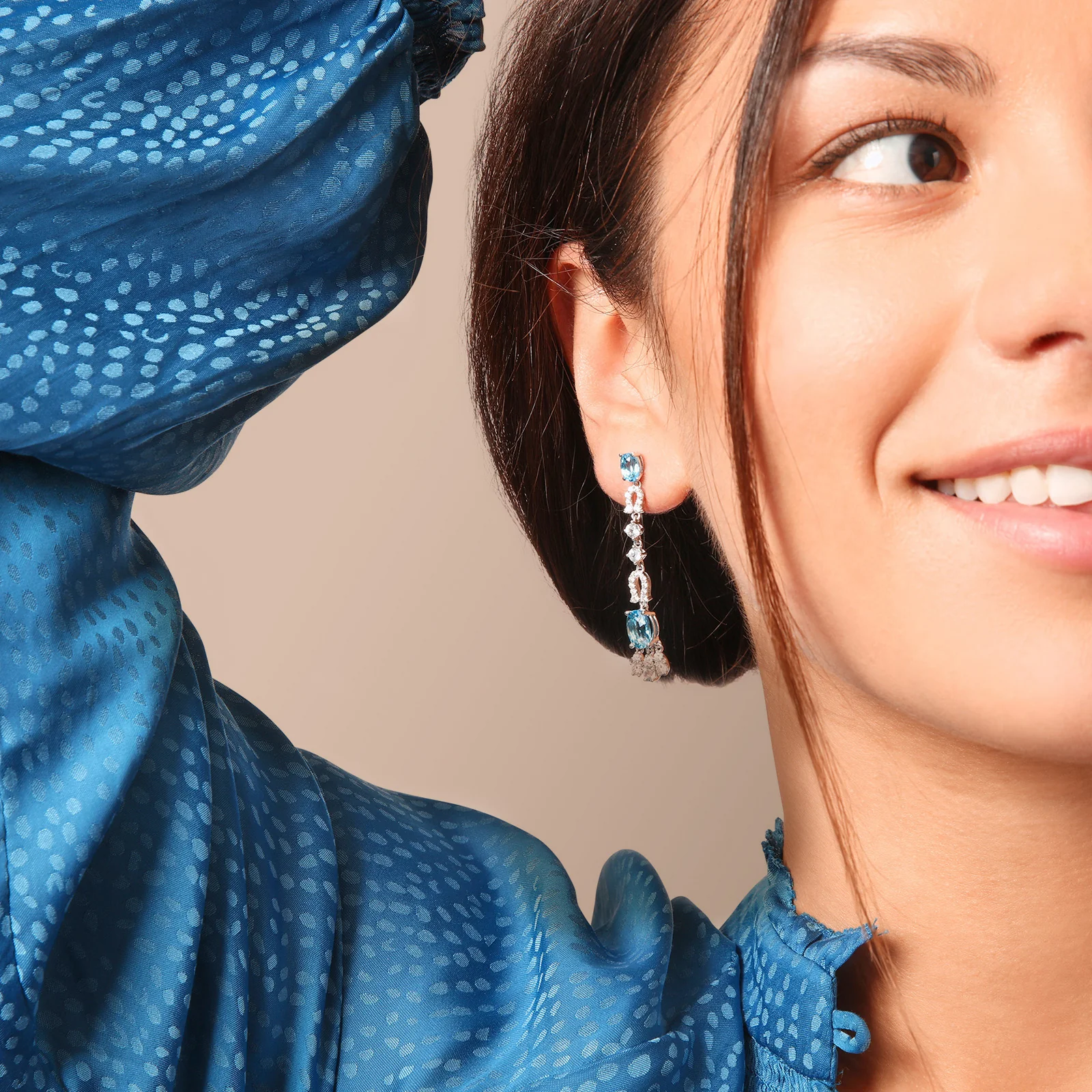 Oval Blue Topaz, White Sapphire, and Diamond Dangle Earrings in 14kt White Gold - Image 5