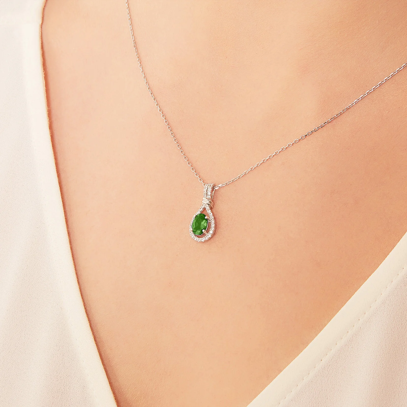 Oval Gemstone and White Sapphire Teardrop Pendant in 14kt White Gold - Image 5