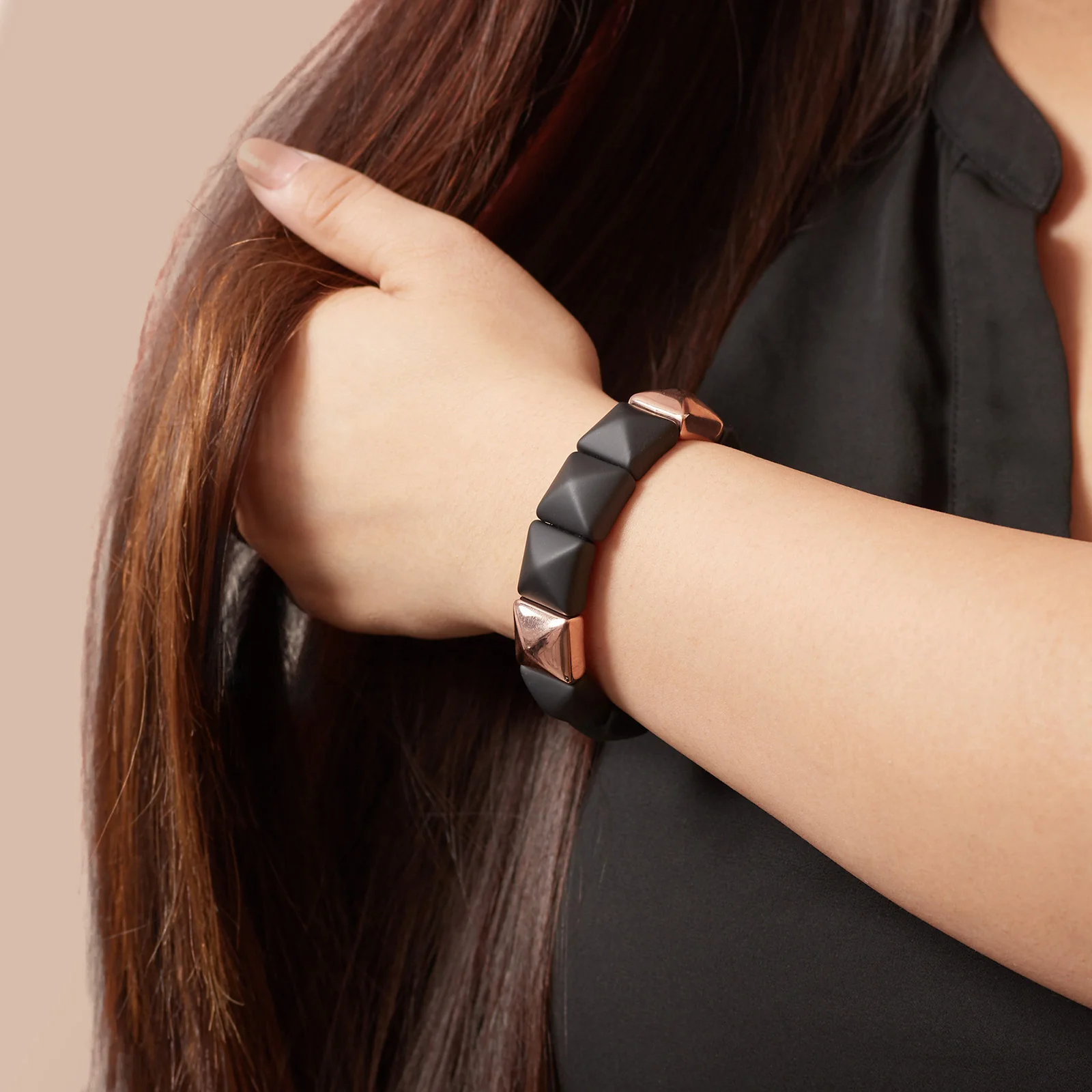 Rose Gold Plated 925 Sterling Silver and Rubber Square Stretch Bracelet - Image 4