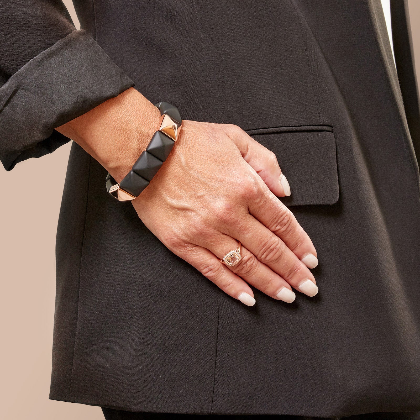 Rose Gold Plated 925 Sterling Silver and Rubber Square Stretch Bracelet - Image 5