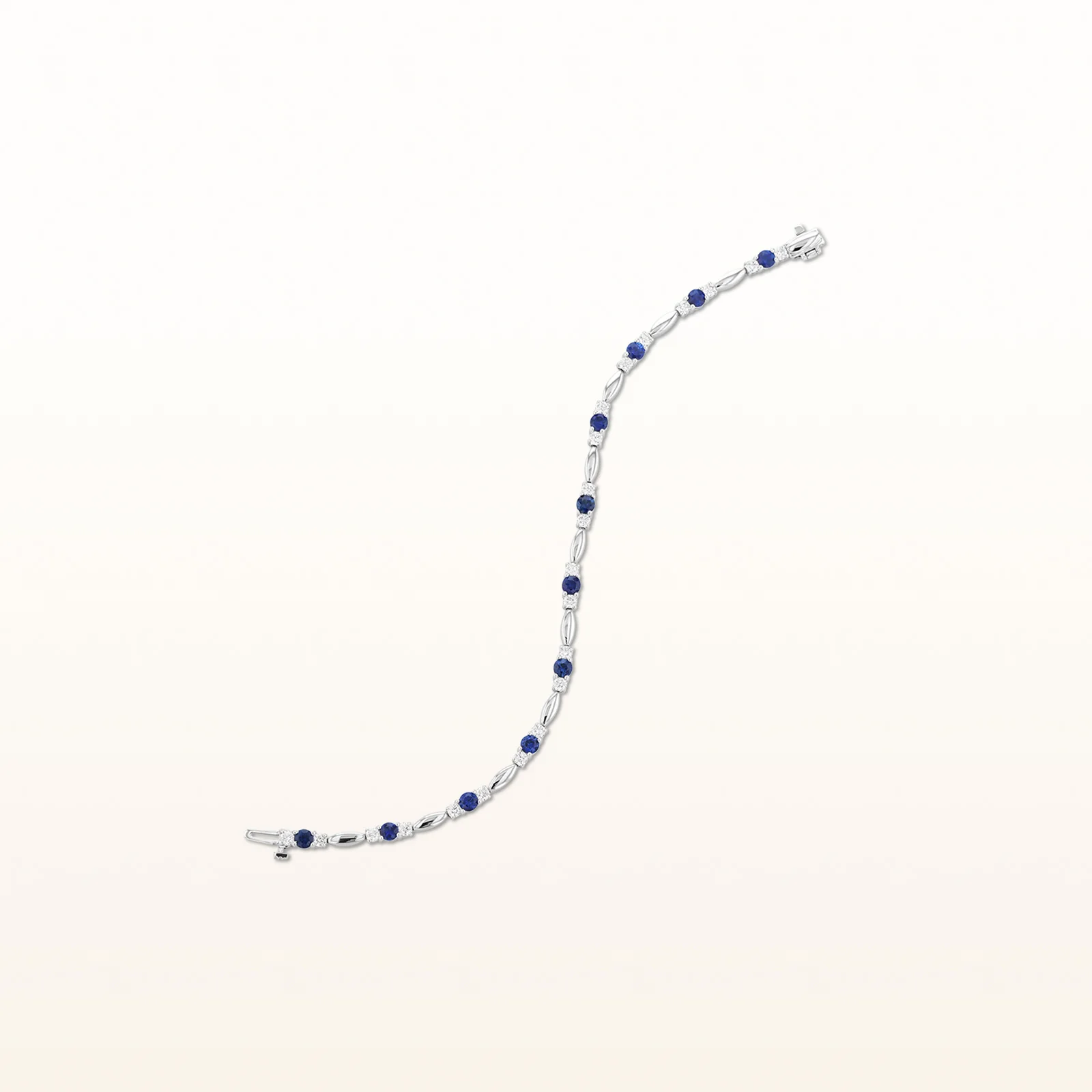 Round Blue Sapphire and Diamond 3-Stone Marquise Link Bracelet in 14kt White Gold - Image 3