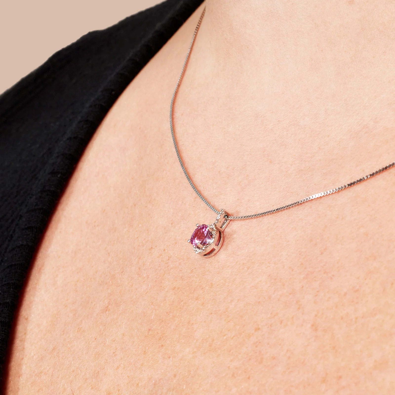 Round Pink Sapphire and Diamond Halo Pendant in 14kt White Gold - Image 3
