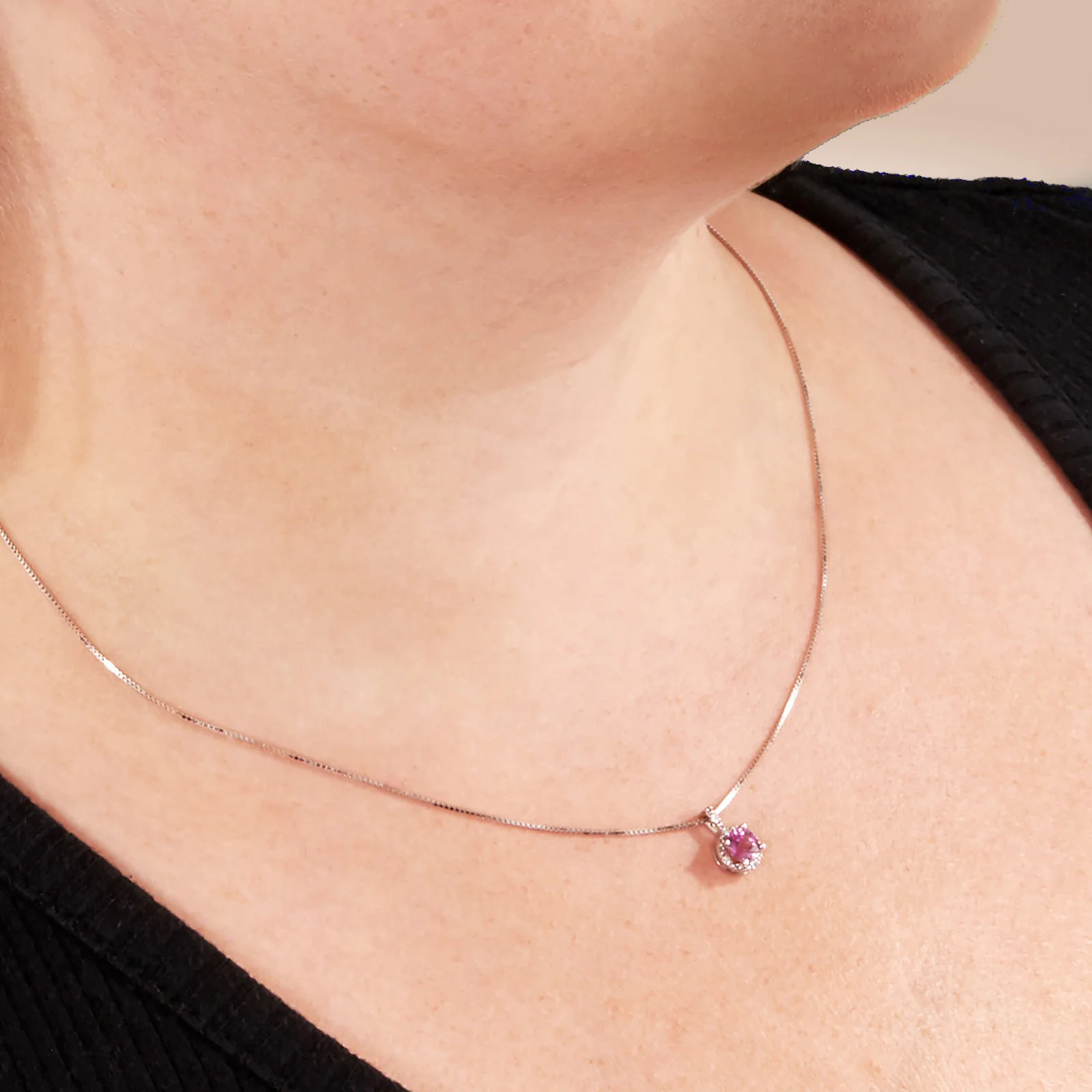 Round Pink Sapphire and Diamond Halo Pendant in 14kt White Gold - Image 4