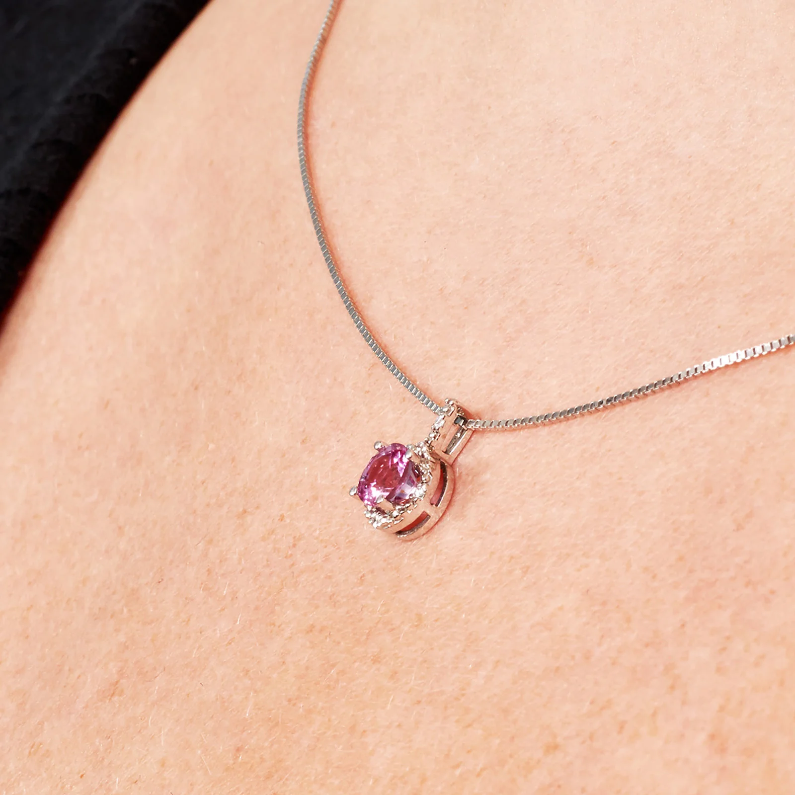 Round Pink Sapphire and Diamond Halo Pendant in 14kt White Gold - Image 5