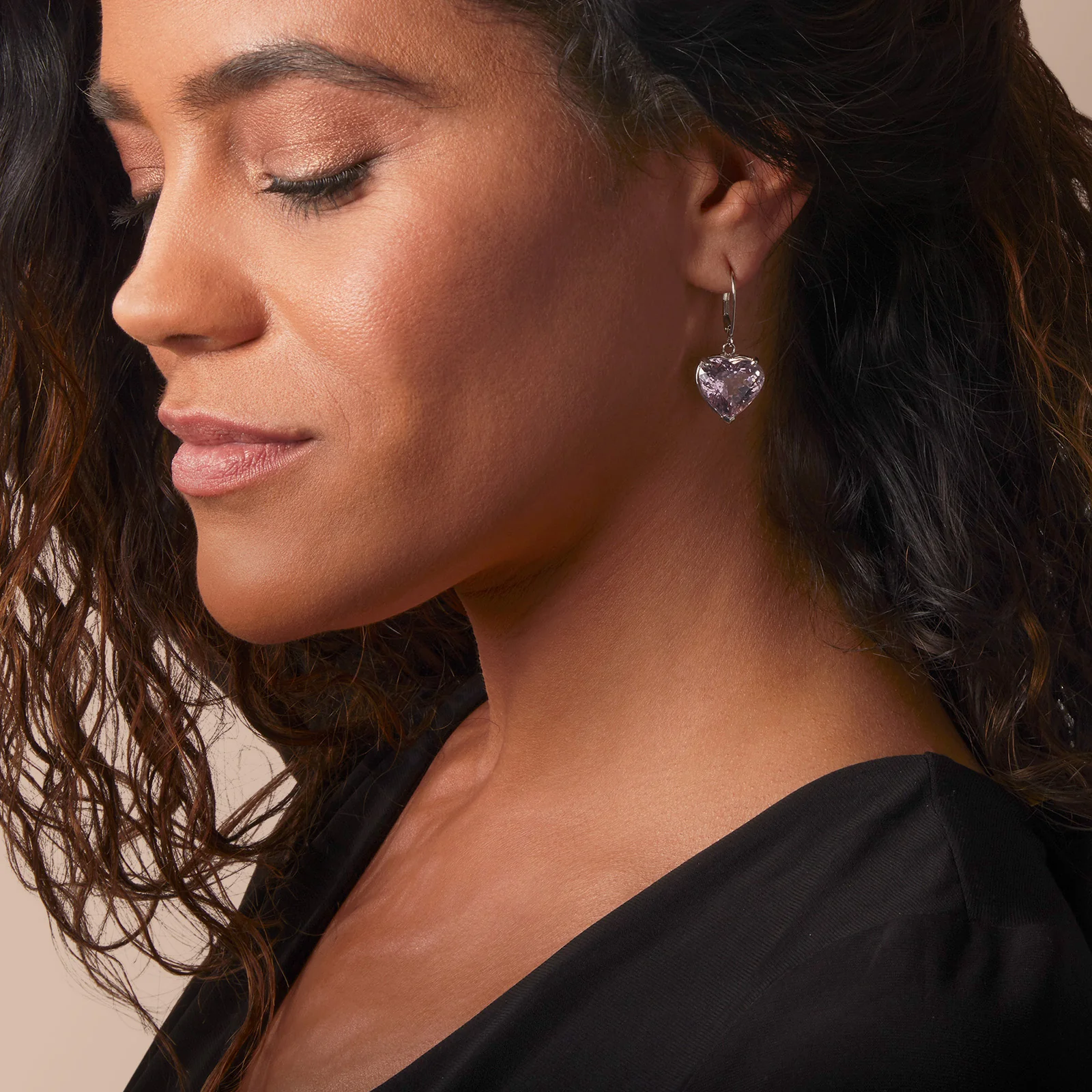 Kunzite Heart Dangle Earrings in 14kt White Gold - Image 4