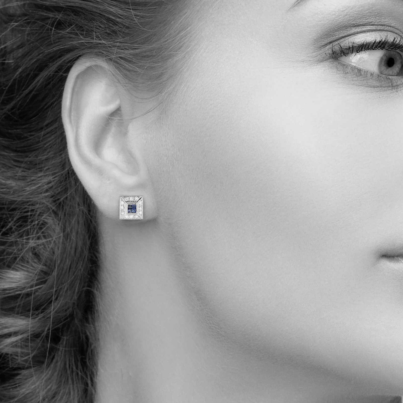 Square Blue Sapphire and Diamond Earrings in 18kt White Gold - Image 3