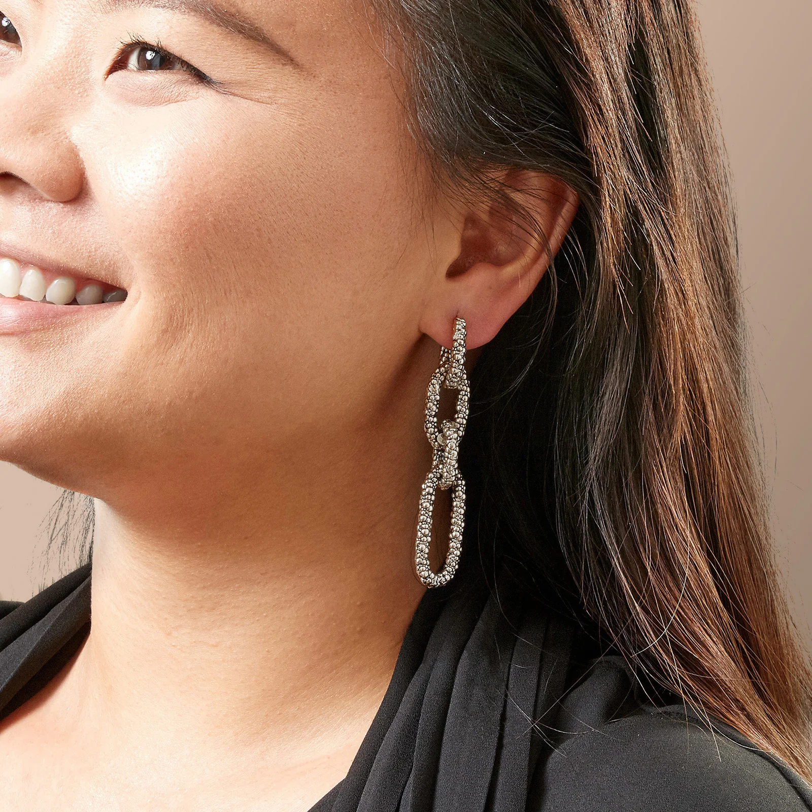 Sterling Silver Elongated Open Link Popcorn Texture Drop Earrings - Image 3