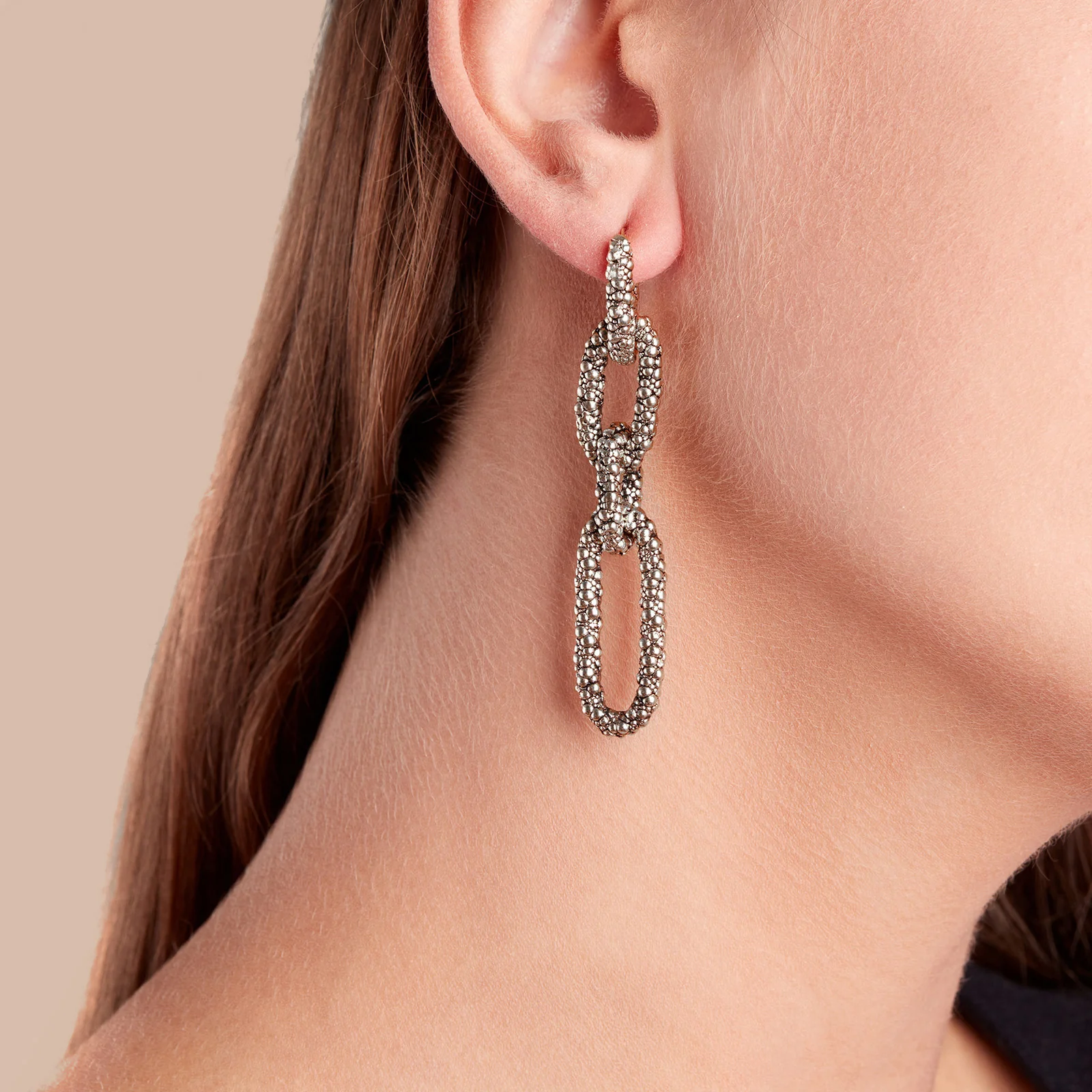 Sterling Silver Elongated Open Link Popcorn Texture Drop Earrings - Image 5