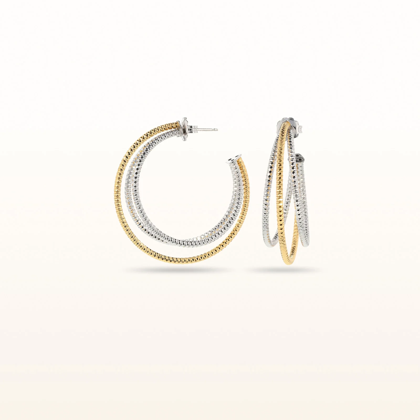 Two Tone 925 Sterling Silver Diamond Cut Hoop Earrings - Image 3