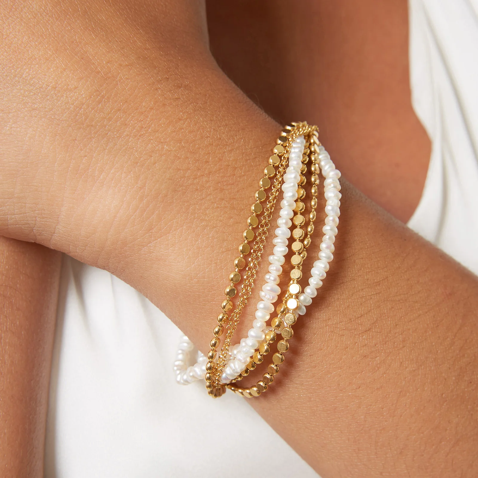 White Freshwater Cultured Pearl Multi-Strand Bracelet in Yellow Gold Plated 925 Sterling Silver - Image 5