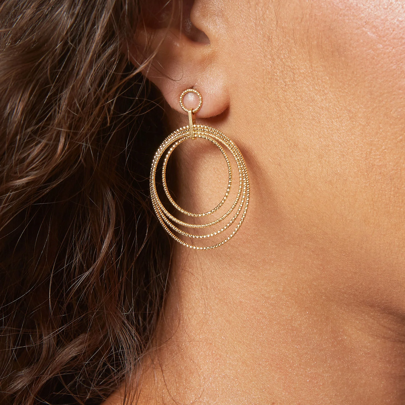 Yellow Gold Plated 925 Sterling Silver Diamond Cut Multi Circle Drop Earrings - Image 4